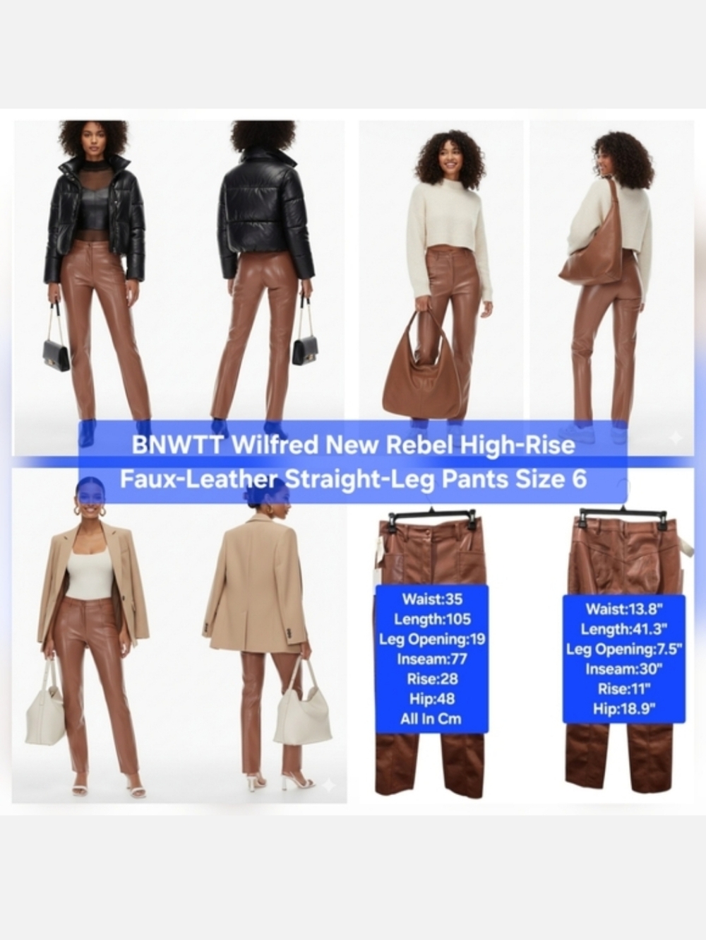 BNWTT Aritzia Wilfred New Rebel High-Rise Faux-Leather Straight-Leg Pants Size 6